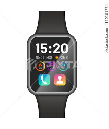 Black smart watch device. Modern communication technology electronic wristwatch with app icons and touchscreen flat vector illustration isolated on white background. 120101784