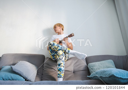 Ukulele player teen boy at home. 120101844