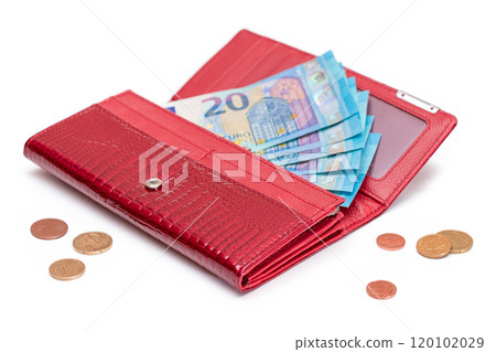 Opened Red Women Purse with 20 Euro Banknotes Inside and Scattered Euro Cent Coins 120102029
