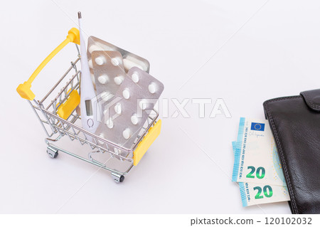 Pills and Capsules in a Shopping Cart and Black Wallet with Euro Money Pills and Capsules in a Shopping Cart and Black Wallet with Euro Money 120102032