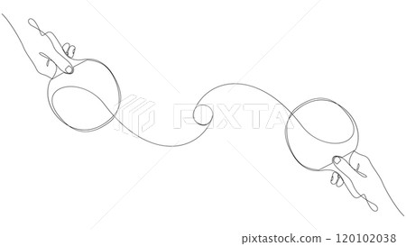 Ping pong concept. Table tennis rackets in human hands and ball drawn by one continuous line. Minimalist style sports illustration. Vector graphics. 120102038