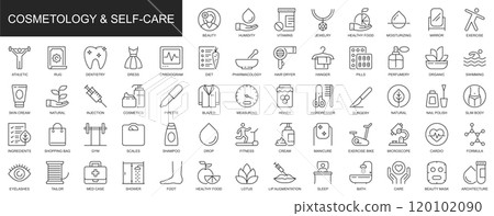 Cosmetology and self care web icons set in thin line design. Pack of beauty, vitamin, jewelry, healthy food, moisturizing, dentistry, fitness, other outline stroke pictograms. Illustration. 120102090