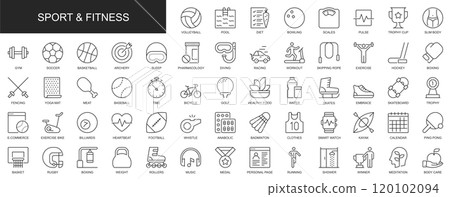 Sport and fitness web icons set in thin line design. Pack of volleyball, pool, diet, scales, pulse, gym, pharmacology, workout, exercise, boxing, other outline stroke pictograms. Illustration. Sport and fitness web icons set in thin line design. Pack of volleyball, pool, diet, scales, pulse, gym, pharmacology, workout, exercise, boxing, other outline stroke pictograms. Illustration. 120102094