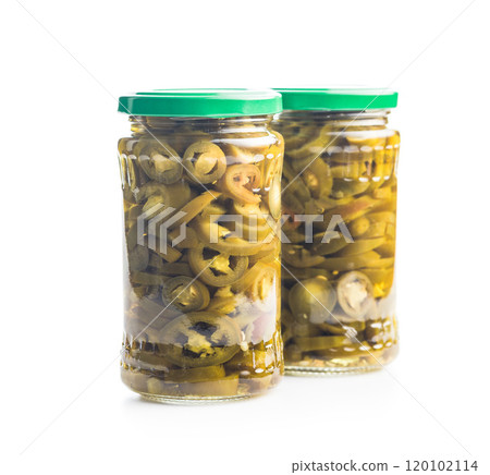 Pickled sliced jalapeno peppers isolated on white background. 120102114