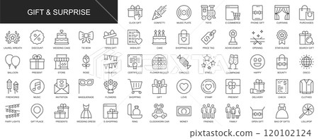Gift and surprise web icons set in thin line design. Pack of confetti, music, toy, e-commerce, laurel wreath, discount, wishlist, price tag, cake, other outline stroke pictograms. Illustration. 120102124