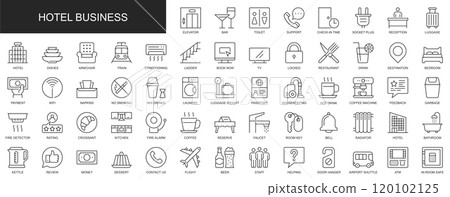 Hotel business web icons set in thin line design. Pack of elevator, bar, toilet, reception, luggage, restaurant, kitchen, bedroom, reserve, room, other outline stroke pictograms. Illustration. 120102125