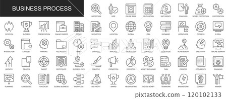 Business process web icons set in thin line design. Pack of inspection, hire, calculation money, coaching, protection, cooperation, success, task, other outline stroke pictograms. Illustration. Business process web icons set in thin line design. Pack of inspection, hire, calculation money, coaching, protection, cooperation, success, task, other outline stroke pictograms. Illustration. 120102133