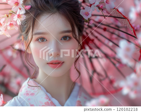 scene asian beautiful Woman in kimono under Sakura Tree 120102218