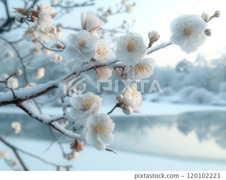 Sakura in the Snow. Snow covering the branches of a cherry blossom tree. 120102221