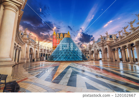 Fantastic castle on square at sunset in Ba Na Hills Park in Da Nang in Vietnam 120102667