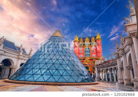 Fantastic fabulous castle on square at sunset in Ba Na Hills Park in Da Nang in Vietnam in Asia 120102668