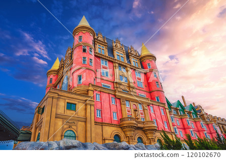 Modern beautiful castle at sunset in Ba Na Hills Park in Da Nang in Vietnam in summer 120102670