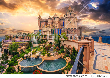 Panorama landscape with beautiful medieval castle in Ba Na Hills in Da Nang in Vietnam at sunset 120102672