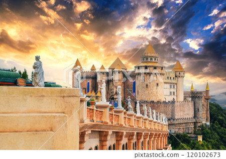 Fantastic medieval castle in Ba Na Hills in Da Nang Vietnam at sunset 120102673