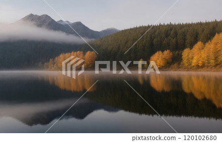 Fog in nature. A misty forest in autumn with a mix of evergreen and yellow-orange deciduous trees 120102680