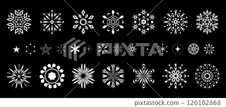 Snowflakes icon collection. Graphic modern black and white ornament.. Snowflakes icon collection. Graphic modern black and white ornament.. 120102868