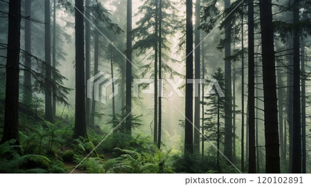 lush green forest on a misty fog 120102891