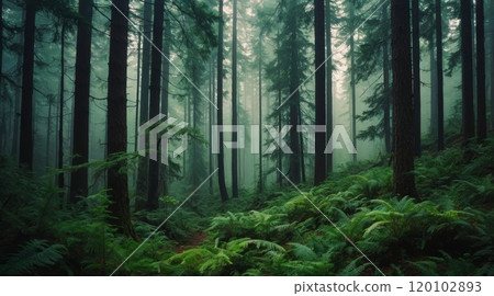 lush green forest on a misty fog 120102893
