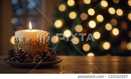 Christmas scene with a lit candle in a decorative holder 120102897