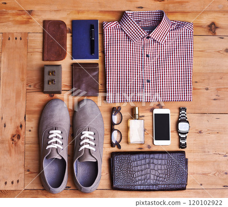 Accessorize. High angle shot of personal accessories. 120102922