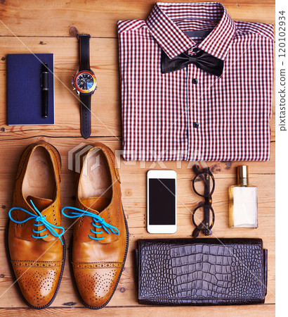 Ready for that smart casual look. High angle shot of personal accessories. 120102934