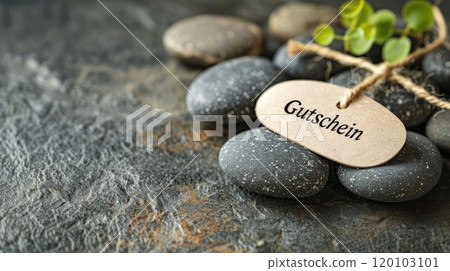 paper label with german word voucher on spa and wellness background with zen stones 120103101