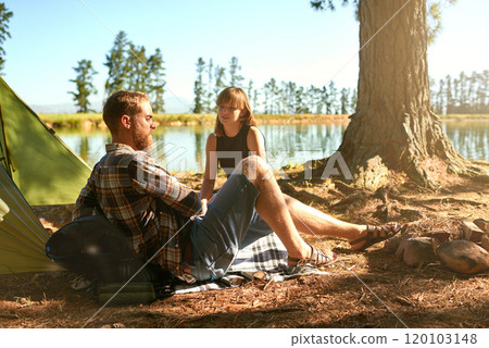 Into the woods. Shot of a young couple camping by a lake. 120103148