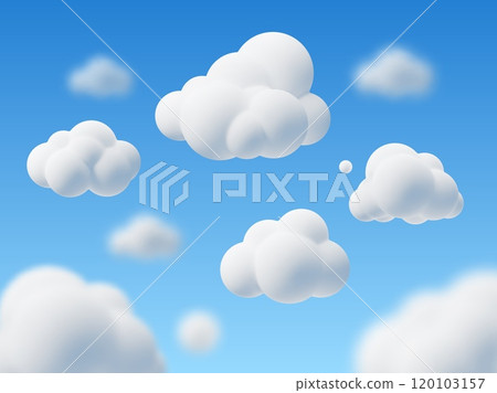 Cartoon 3d clouds on sky background. Cloudy weather, cute render rounded shapes, white fluffy summer season elements in kids clay style, backdrop design, banner or poster vector concept 120103157