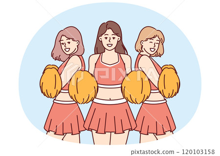 Cheerleader girls supporting sportsmen during match or tournament and entertaining fans in stadium 120103158