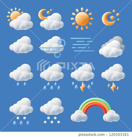 Cartoon 3d weather elements. Isolated forecast icons with rain, lightning thunderstorm, sun and clouds, rainbow and moon, cute render style isolated elements, plasticine objects, vector set 120103161