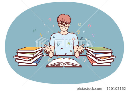 Boy student reads books and gets new knowledge from classical literature or professional textbooks 120103162