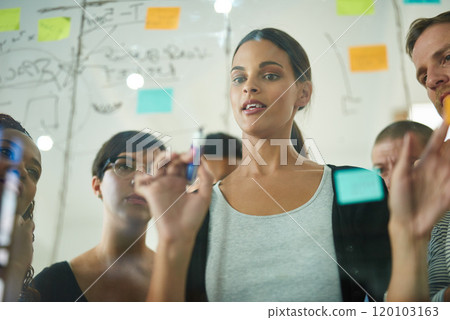 Planning is the first step. Cropped shot of a group of young designers planning on a glass board. 120103163