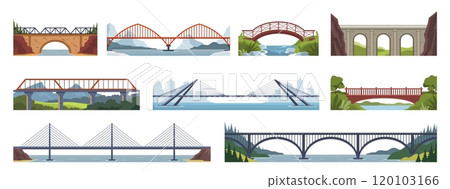 Cartoon bridges. Urban and river crossover architecture, arched, hanging, cable stayed and rustic wooden constructions, road ferriage cartoon flat style isolated nowaday vector set Cartoon bridges. Urban and river crossover architecture, arched, hanging, cable stayed and rustic wooden constructions, road ferriage cartoon flat style isolated nowaday vector set 120103166