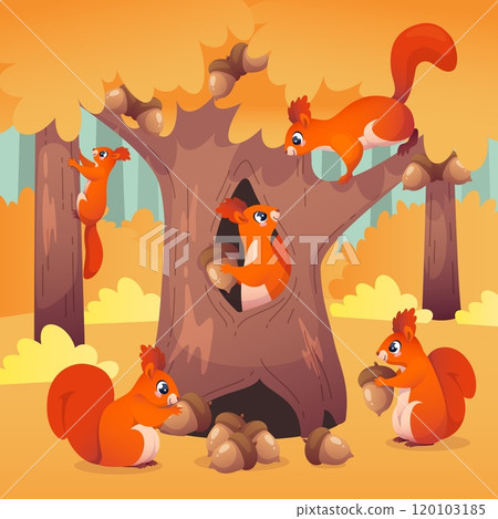 Cute squirrels on forest edge. Funny animals playing and laughing, climb trees, collect acorns, food supplies for winter, kids card, poster or cover cartoon flat style isolated vector concept 120103185