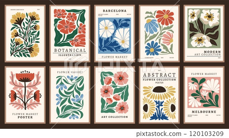 Modern flowers posters. Abstract floral cover templates collection, trendy botanical elements, plants contemporary compositions, Matisse art, flower market, wallpaper or print, tidy vector set Modern flowers posters. Abstract floral cover templates collection, trendy botanical elements, plants contemporary compositions, Matisse art, flower market, wallpaper or print, tidy vector set 120103209