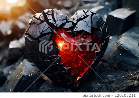 Broken heart with fiery lava inside. Flame symbol of love. Intense emotions, depicted by a heart breaking or burning. Concept of passionate love or heartbreak. Gift for Valentine's Day. 120103211