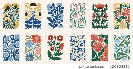 Modern flowers. Decorative contemporary plants, Matisse style botanical elements, abstract shapes, trendy composition, covers or prints ornament design, daisy and tulip tidy vector isolated set Modern flowers. Decorative contemporary plants, Matisse style botanical elements, abstract shapes, trendy composition, covers or prints ornament design, daisy and tulip tidy vector isolated set 120103212