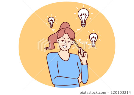 Teenager girl with light bulbs over head comes up with idea and holds pencil near temple 120103214