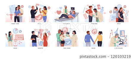 Pregnancy planning. Artificial conception in vitro, human fertilization, parents with doctors in lab, infertility treatment, gynecological consultation cartoon flat isolated tidy vector set Pregnancy planning. Artificial conception in vitro, human fertilization, parents with doctors in lab, infertility treatment, gynecological consultation cartoon flat isolated tidy vector set 120103219