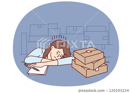 Upset girl near cardboard boxes works in warehouse or logistics company and falls asleep Upset girl near cardboard boxes works in warehouse or logistics company and falls asleep 120103224
