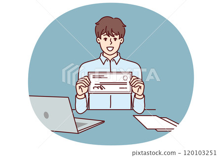 Businessman with paycheck sits at office desk with laptop showing off investments in start-ups 120103251