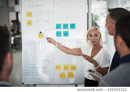 This is where our first move will be. Shot of a young businesswoman explaining work related stuff during a presentation to work colleagues in a boardroom. 120103322