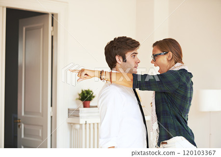 Get out. An angry hipster screaming at her boyfriend while pointing. 120103367
