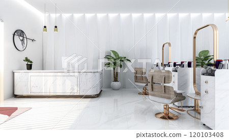 Modern Luxury Beauty Salon Interior with Marble and Gold Accents, 3D Rendering Modern Luxury Beauty Salon Interior with Marble and Gold Accents, 3D Rendering 120103408