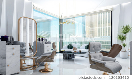 Modern Luxury Beauty Salon Interior with Marble and Gold Accents, 3D Rendering	 120103410