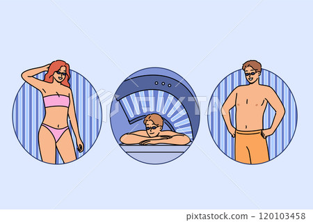 People sunbathe in solarium, standing or lying among blue lamps that allow them to give bodies tan People sunbathe in solarium, standing or lying among blue lamps that allow them to give bodies tan 120103458