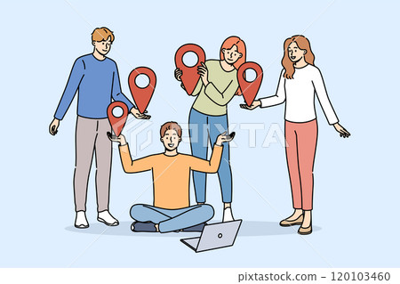 Team of students uses online communication on network, standing near laptop and holding geotags 120103460