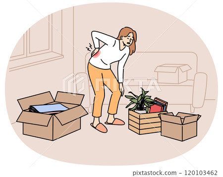 Sick woman moving to new apartment and suffers from back pain, stands among heavy boxes Sick woman moving to new apartment and suffers from back pain, stands among heavy boxes 120103462