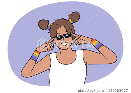 Woman with LGBT bracelets adjusts sunglasses and smiles, drawing attention to LGBTq community 120103467