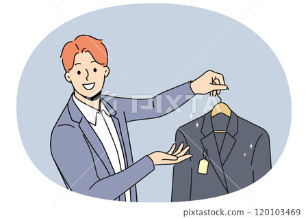 Man holds new jacket with tag offering to buy business clothes for managers or clerks 120103469